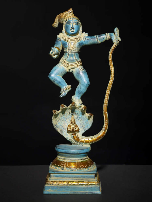 Blue and gold Brass Statue Depicting Lord Krishna Vanquishing Kaliya 18 Inches