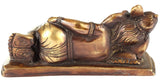 Brass Ganesha statue lounging on base, detailed hands and draped ornament