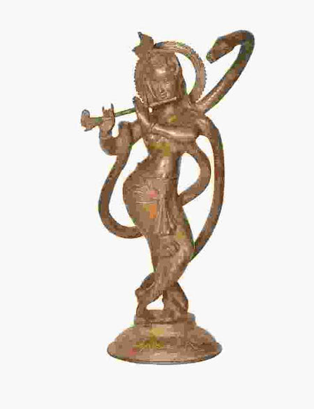 Handcrafted Patina Brass Sculpture of Lord Krishna and Kaliya 15 inches