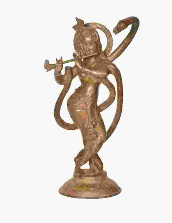 Handcrafted Patina Brass Sculpture of Lord Krishna and Kaliya 15 inches