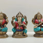 Inlaid Brass Trio Idol of Saraswati, Ganesha, and Lakshmi 4 inches