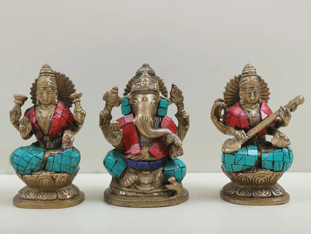 Inlaid Brass Trio Idol of Saraswati, Ganesha, and Lakshmi 4 inches