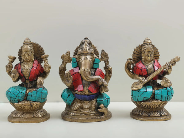 Inlaid Brass Trio Idol of Saraswati, Ganesha, and Lakshmi 4 inches