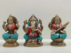 Inlaid Brass Trio Idol of Saraswati, Ganesha, and Lakshmi 4 inches