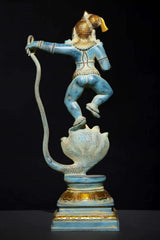 Blue and gold brass Krishna statue, arms extended on coiled serpent base