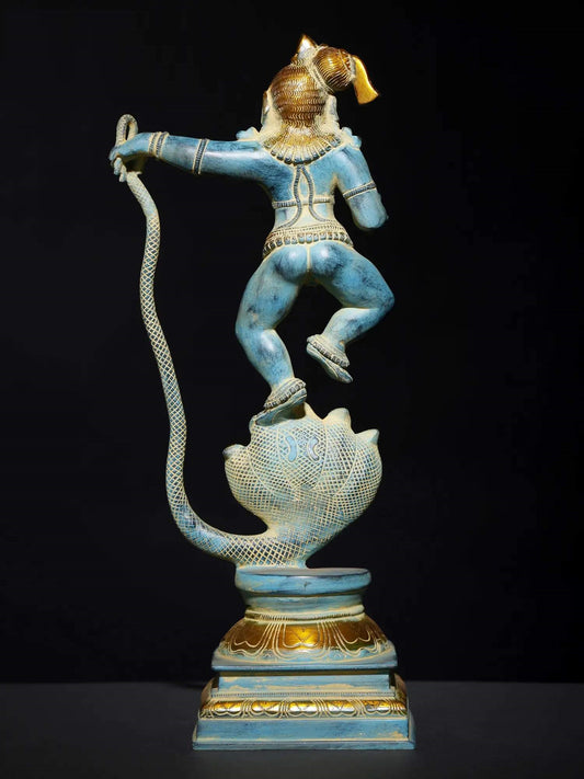 Blue and gold Brass Statue Depicting Lord Krishna Vanquishing Kaliya 18 Inches