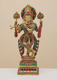 Brass Krishna playing flute sculpture, ornate jeweled work and gold crown