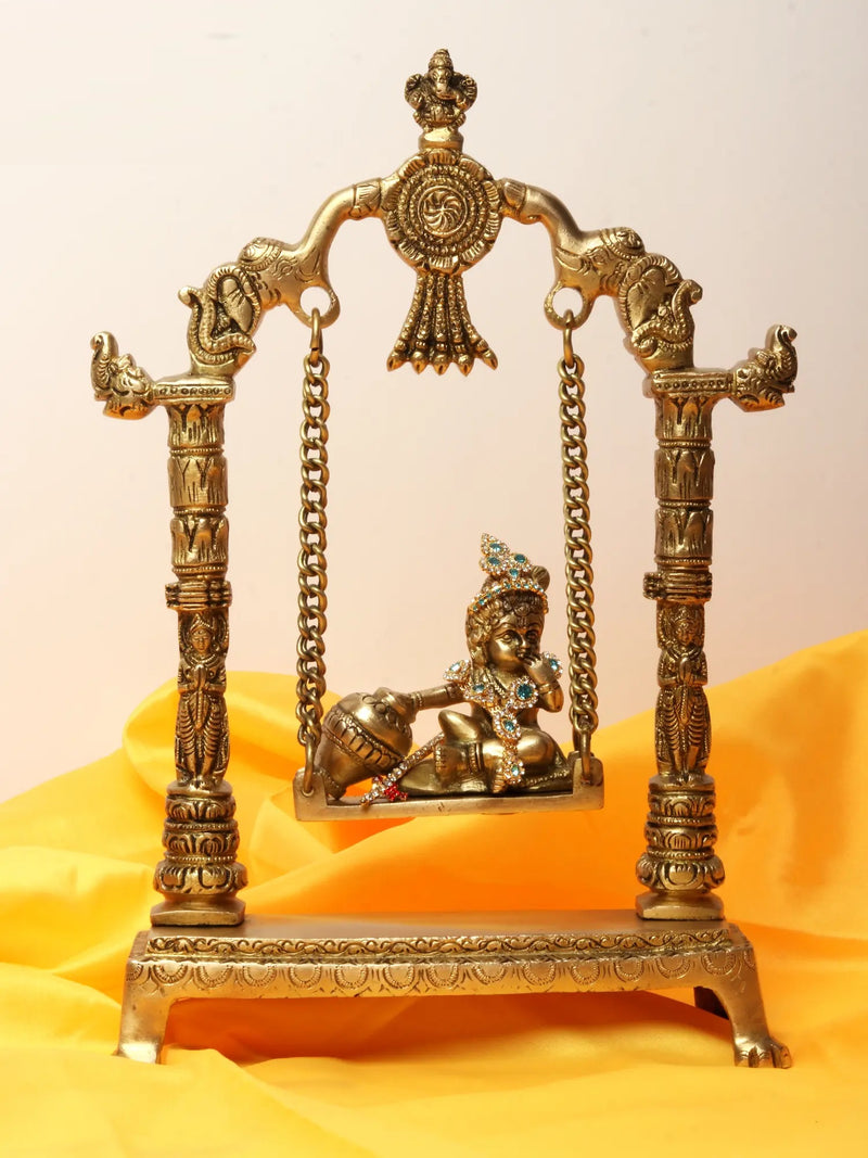 Brass Statue of Laddu Gopal on a Swing (Jhula) 12 Inches