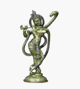 Handcrafted brass Lord Krishna sculpture with raised arm and pedestal, 15 in.