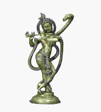 Handcrafted brass Lord Krishna sculpture with raised arm and pedestal, 15 in.
