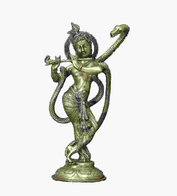 Handcrafted Polish Brass Sculpture of Lord Krishna and Kaliya 15 inches