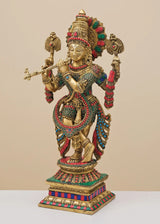 AONA brass Krishna flute statue, jeweled headdress and base platform