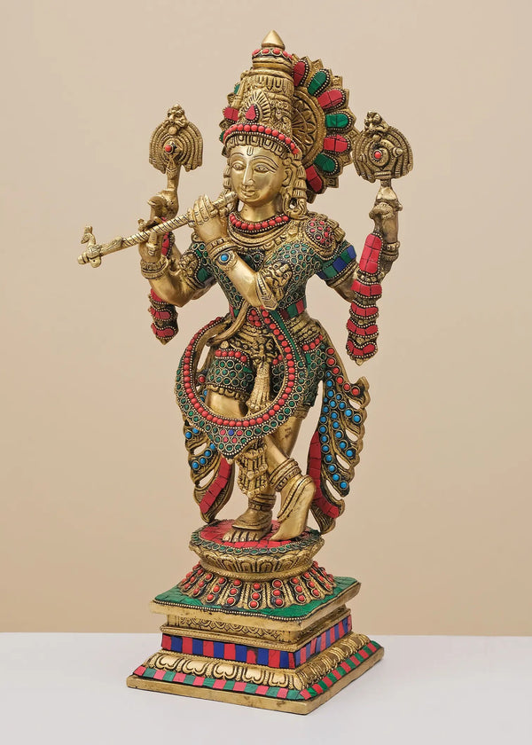 Handmade Brass Sculpture of Krishna Playing the Flute with Vaishnava Symbol 19 Inches Entryway Setting