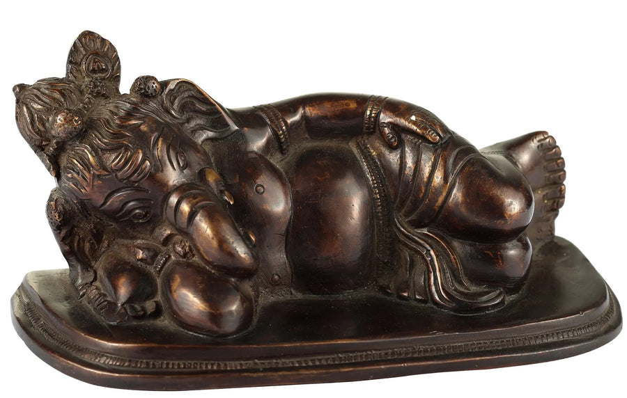 Super Antique Handmade Brass Statue of Relaxing Ganesha 6 inches Craft Detail