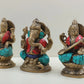 Inlaid Brass Trio Idol of Saraswati, Ganesha, and Lakshmi 4 inches