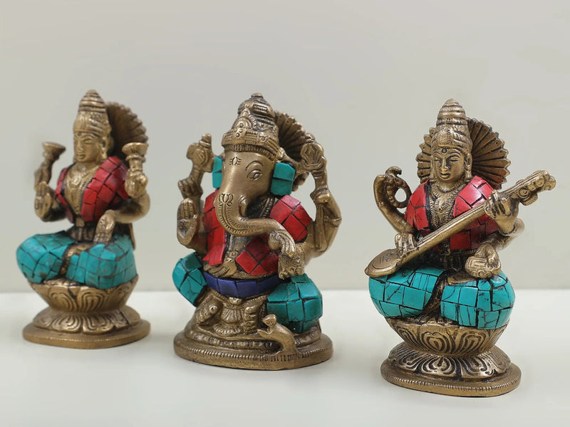 Inlaid Brass Trio Idol of Saraswati, Ganesha, and Lakshmi 4 inches