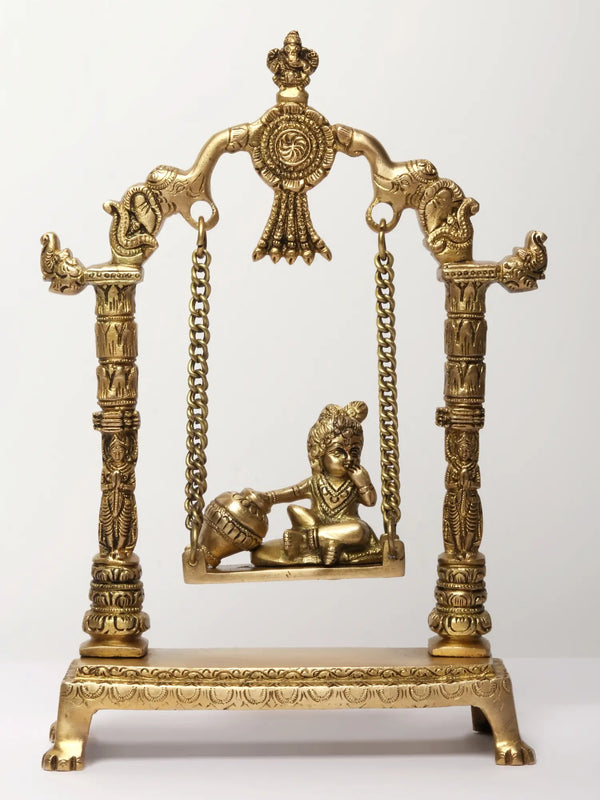 Brass Statue of Laddu Gopal on a Swing (Jhula) 12 Inches Entryway Setting