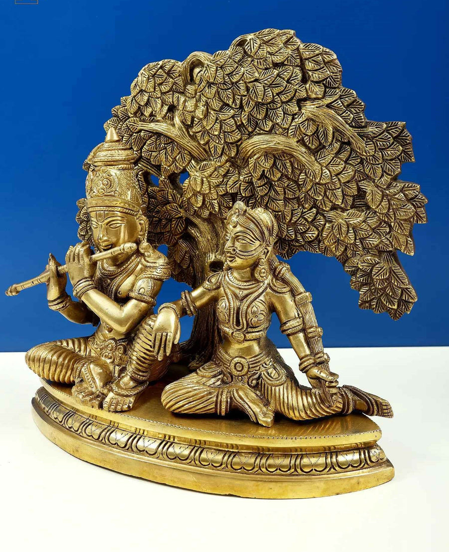 Handmade Brass Statue of Krishna Playing Flute for Radha 12 Inches Craft Detail