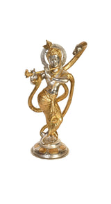 Handmade brass Krishna statue holding flute, with serpent Kaliya, 15 inch