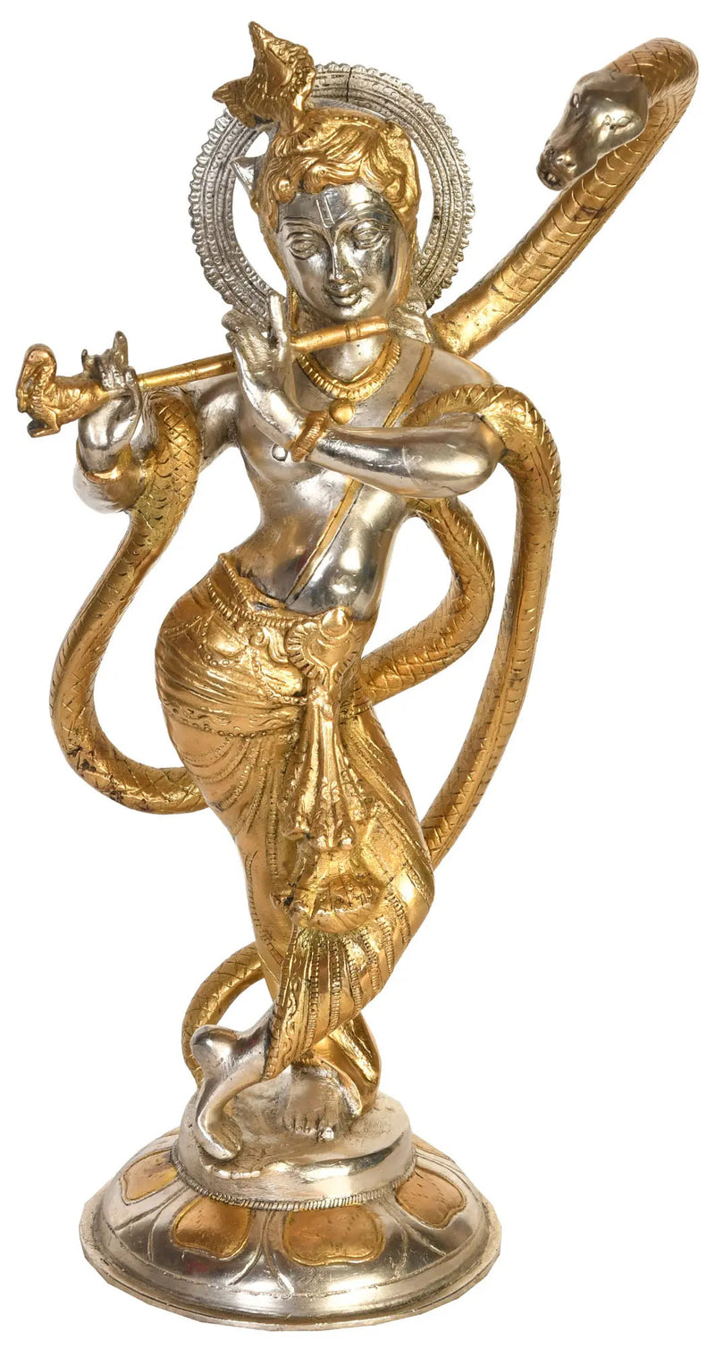 Handmade Brass Statue of Krishna and Kaliya 15 Inches