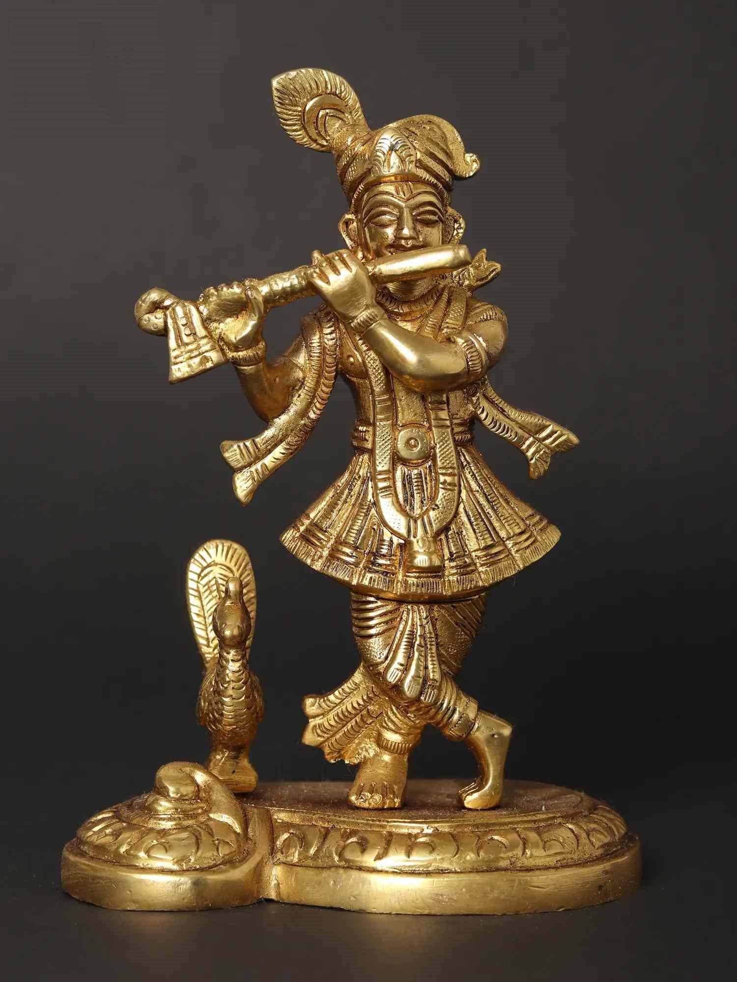 Small Statue of Lord Krishna Playing Flute with Peacock 6 inches