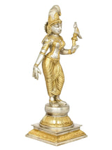 Andal devi brass statue holding a parrot aloft, standing, gold tone, 12-inch
