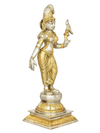 Andal devi brass statue holding a parrot aloft, standing, gold tone, 12-inch