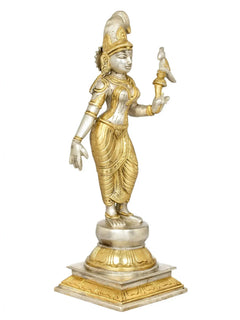 Andal devi brass statue holding a parrot aloft, standing, gold tone, 12-inch