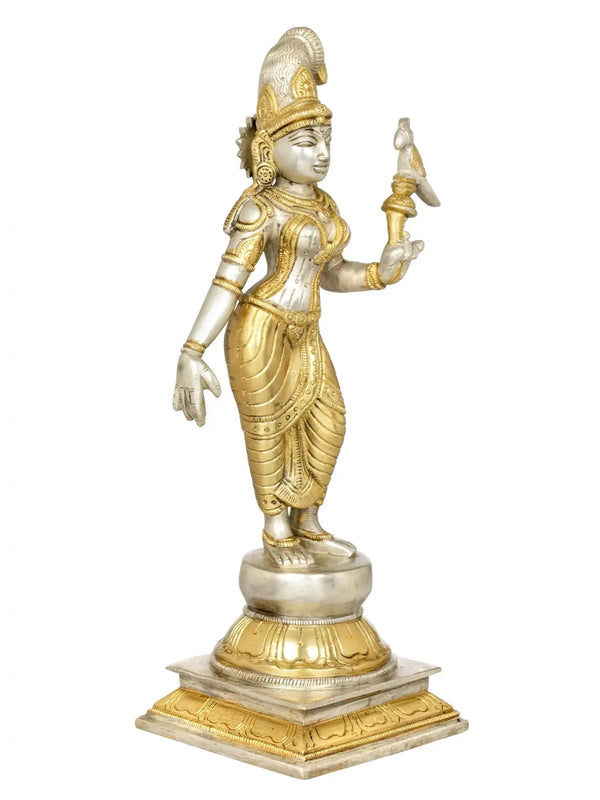 Brass Gold Silver Statue of Devi Andal/ Goda devi Holding a Parrot 12 inches Study Setting