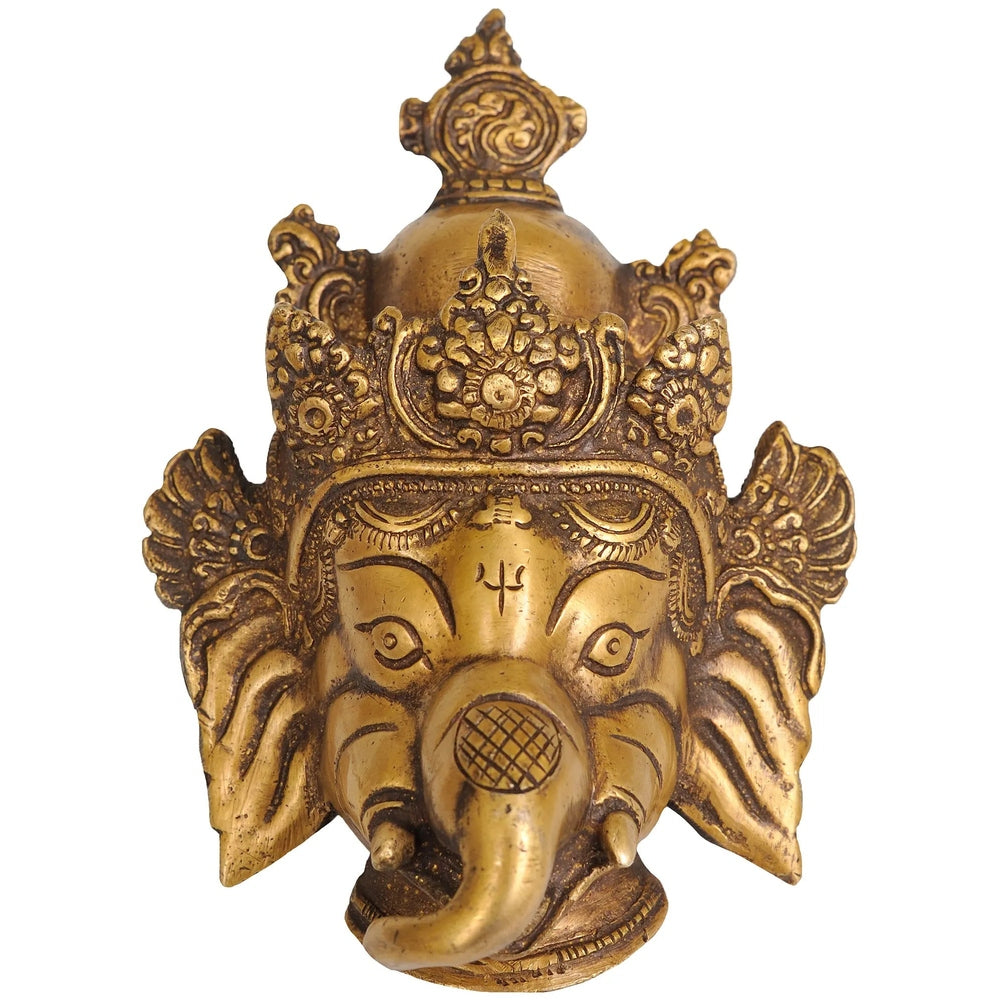 Brass Ganesha wall hanging mask, 5 in, gold-toned detailed face and crown