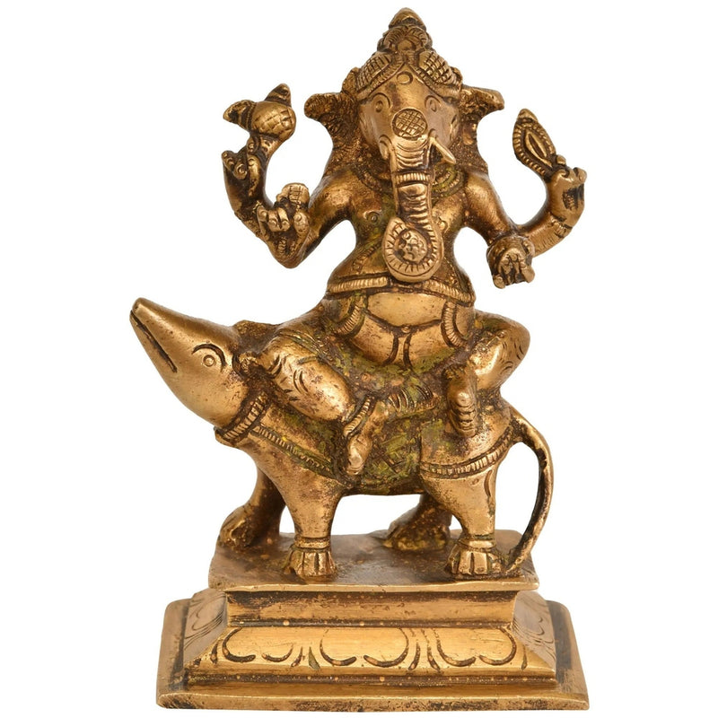 Brass Lord Ganesha Statue seated on Rat 4 inches