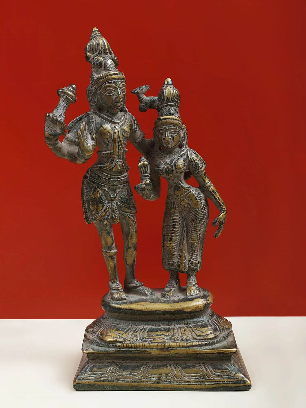 Brass Lord Shiva and Goddess Parvati Standing on Pedestal 8 Inches