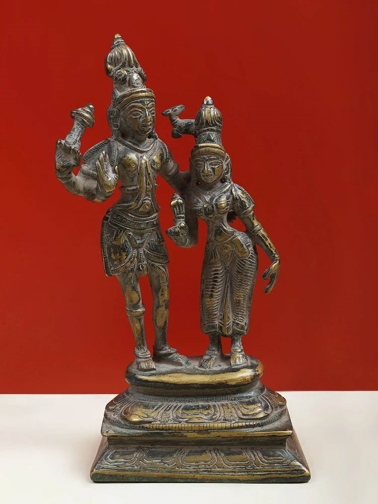 Brass Lord Shiva and Goddess Parvati Standing on Pedestal 8 Inches