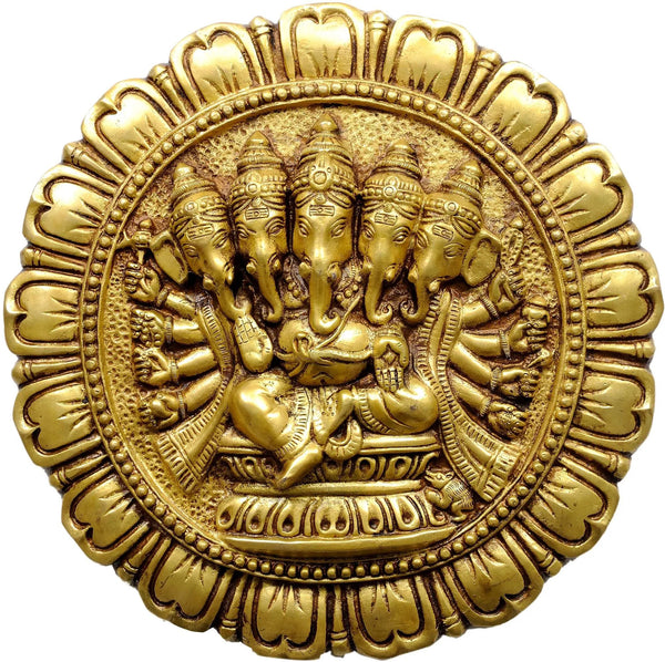 Natural Brass Wall Hanging Plate Featuring Five-Headed Ganesha 11 inches Entryway Setting
