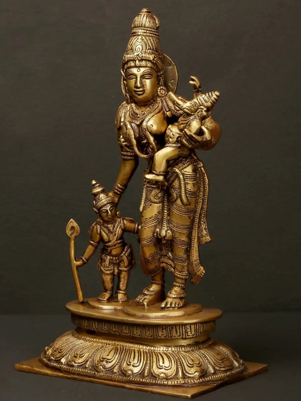 Brass Handmade Goddess Parvati with Her Sons Ganesha and Karttikeya''10