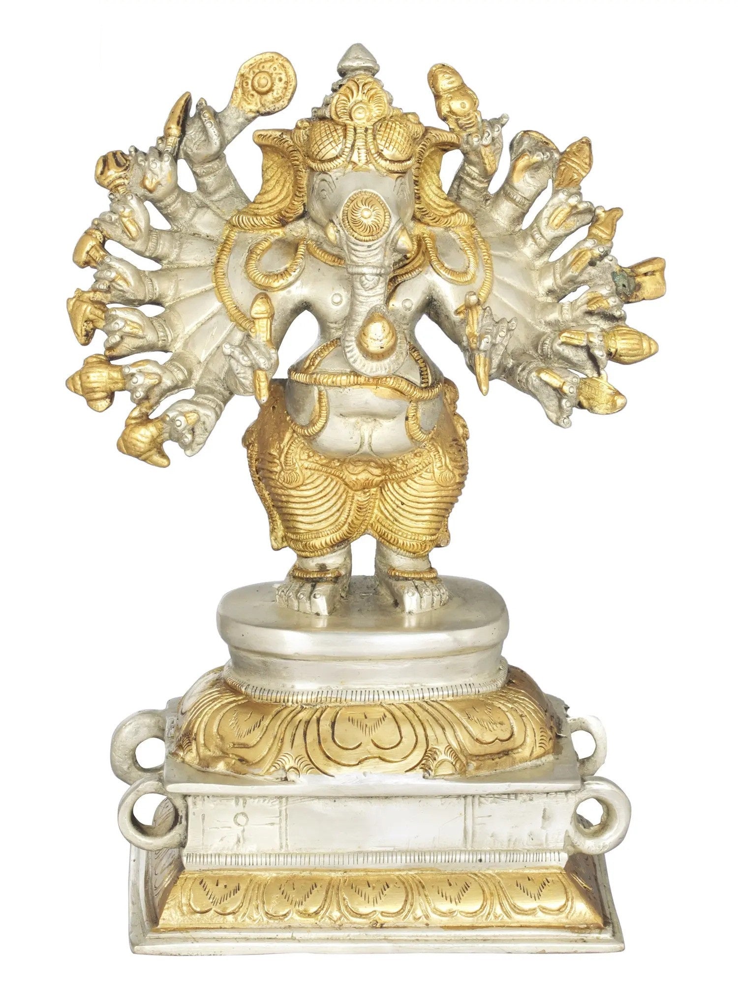 Brass  Amazing silver Gold Sixteen-Armed Vira Ganesha Sculptures 8 inches