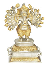 Brass Ganesha sculpture, 16 arms, silver and gold tone, on square base, 8 in