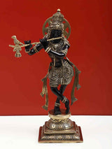 Black brass Lord Krishna flute statue, 12 inch—handcrafted AONA