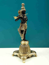 Lord Krishna brass statue on pedestal, black finish, side pose with flute