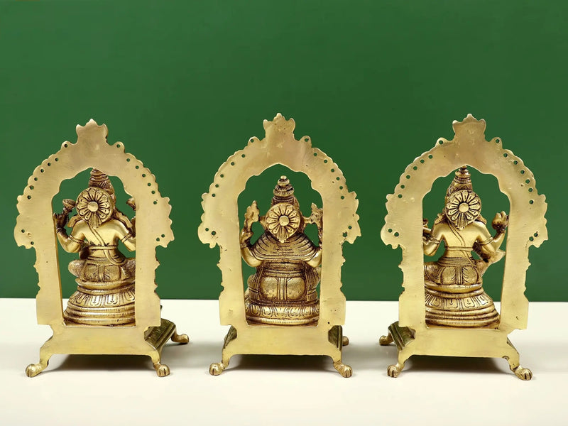 Brass trio Ganesha, Lakshmi and Saraswati statue (Height: 8 inches)