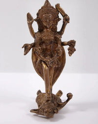 Goddess Kali brass idol, 6 inch, standing with four arms and ornate headpiece
