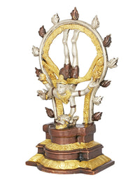 Shiva Nataraja-Skulptur, runder Heiligenschein, goldbraune Arme, brauner Sockel, 12 Zoll