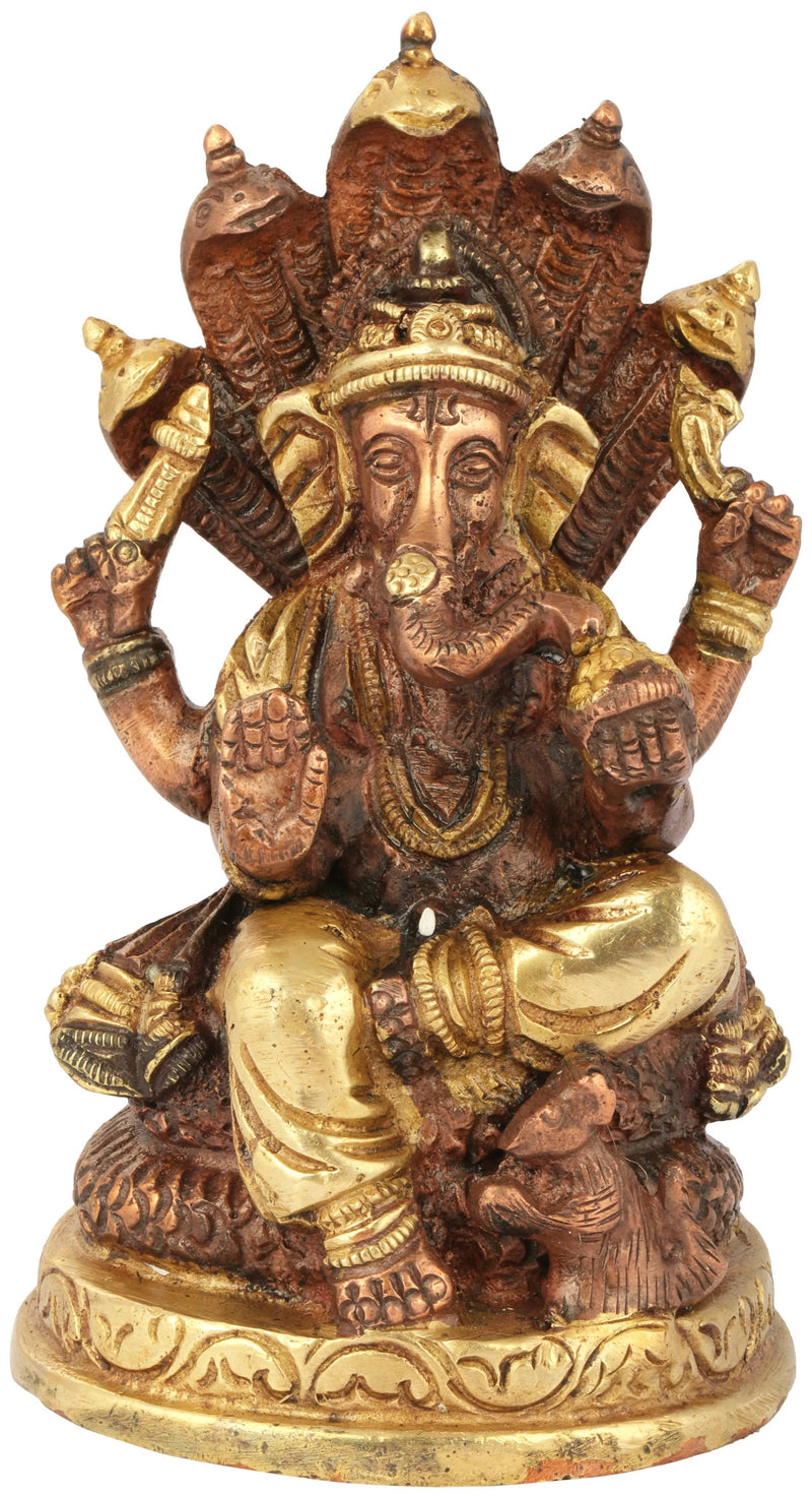 Small brass Brown gold sculpture of Ganesha seated on the Shesha Naga 5 inches