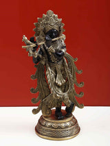 Lord Krishna flute statue in black with brass detailing, 13 inches