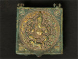 Brass Lord Ganesha box, antique green with raised lid medallion