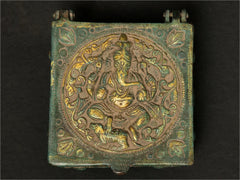 Brass Lord Ganesha box, antique green with raised lid medallion