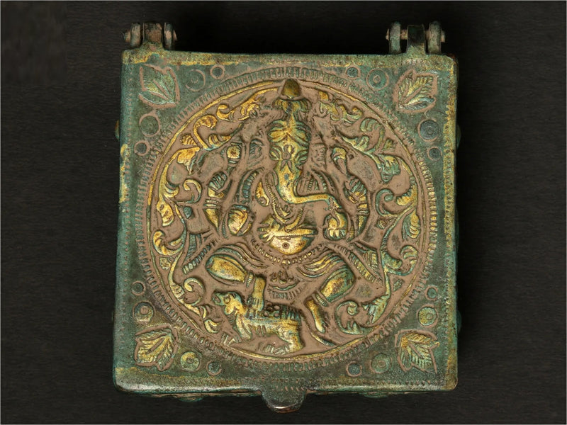 Brass Lord Ganesha Box Antique green 4 inches