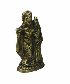 Small brass statue of Radha and Krishna, standing embrace, ornate details