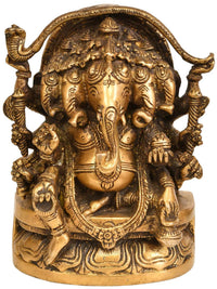 Brass five-headed Lord Ganpati idol, 5 inches, seated with raised arms