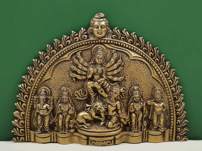 Brass Wall Hanging Plate Featuring Goddess Durga with Ganesha, Lakshmi, Saraswati, and Karttikeya 7 inches